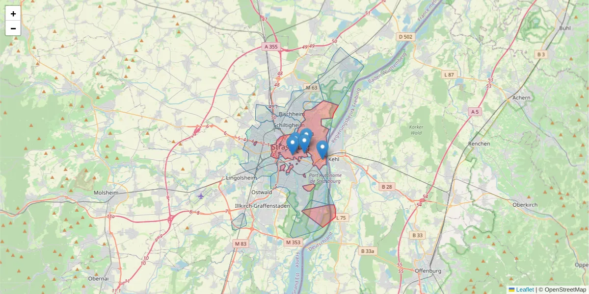 Carte de la zone du code postal  et des codes postaux voisins en France