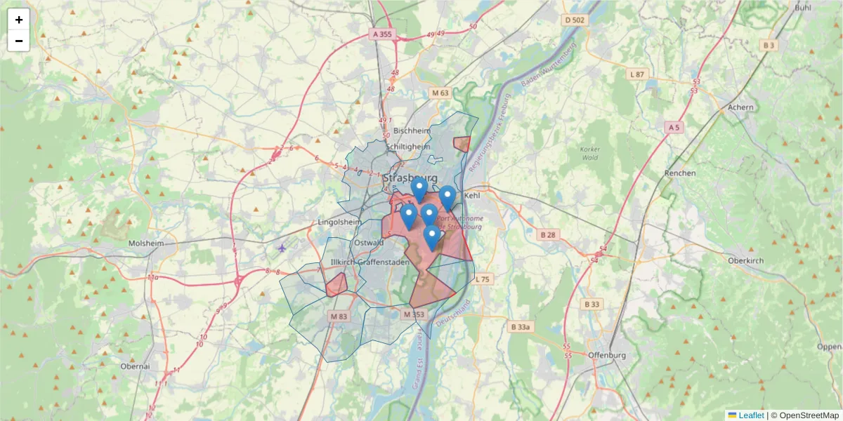 Carte de la zone du code postal  et des codes postaux voisins en France