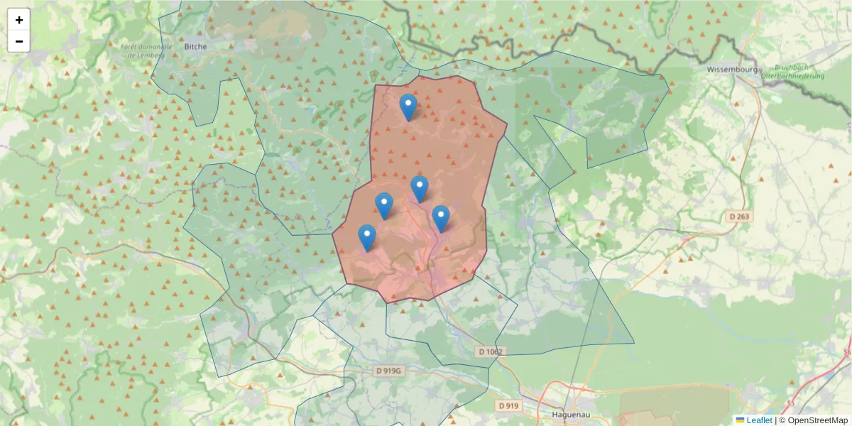 Carte de la zone du code postal  et des codes postaux voisins en France