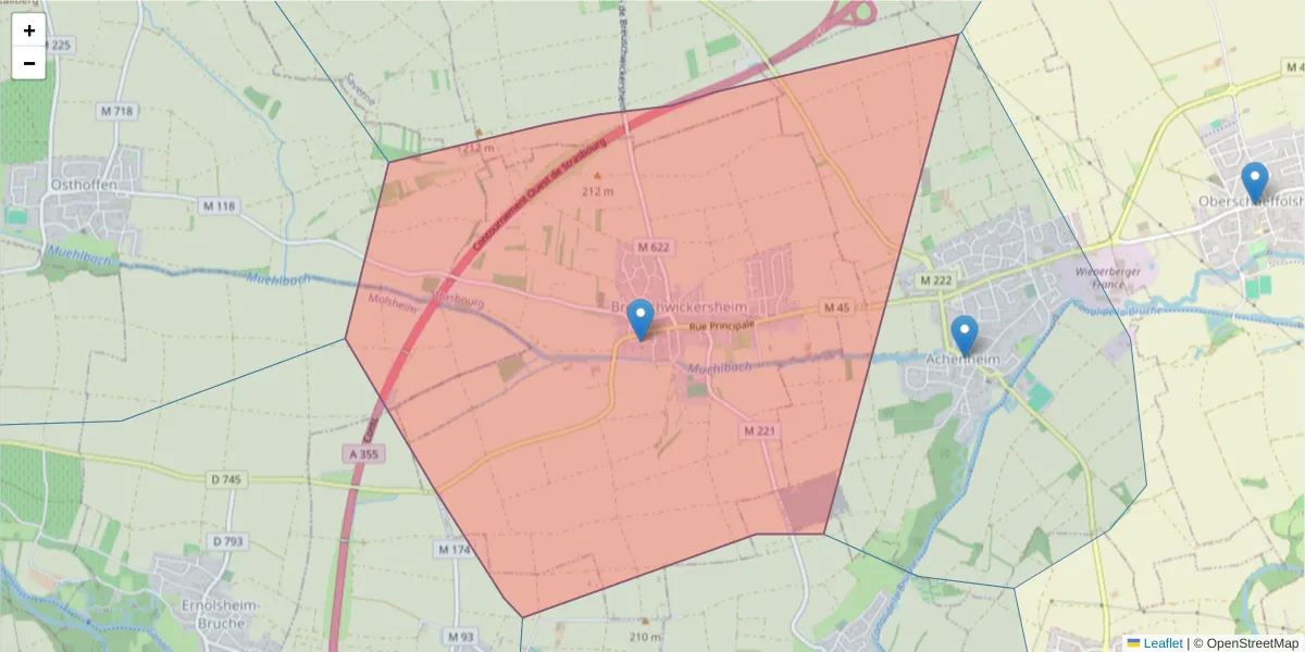 Carte de la zone du code postal  et des codes postaux voisins en France