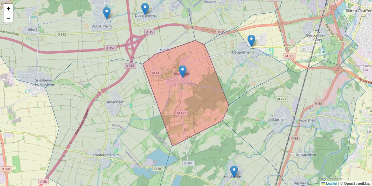 Carte de la zone du code postal  et des codes postaux voisins en France