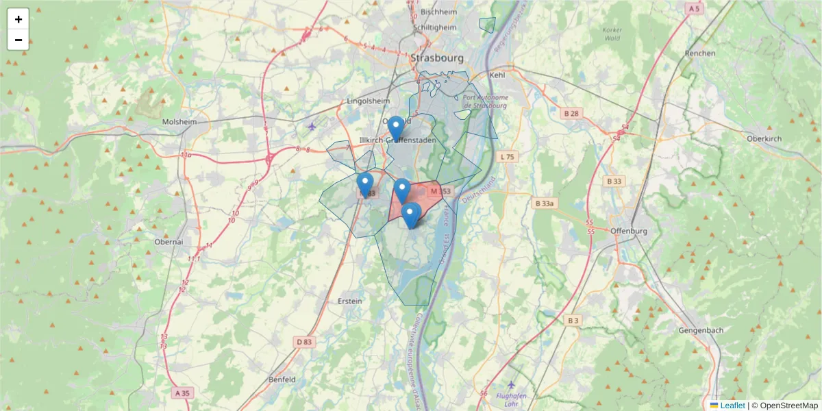 Carte de la zone du code postal  et des codes postaux voisins en France