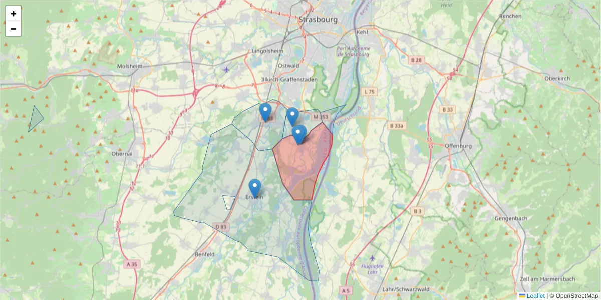 Carte de la zone du code postal  et des codes postaux voisins en France