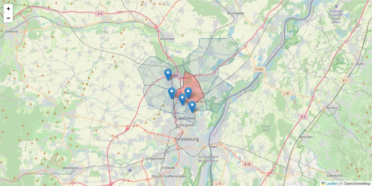 Carte de la zone du code postal  et des codes postaux voisins en France