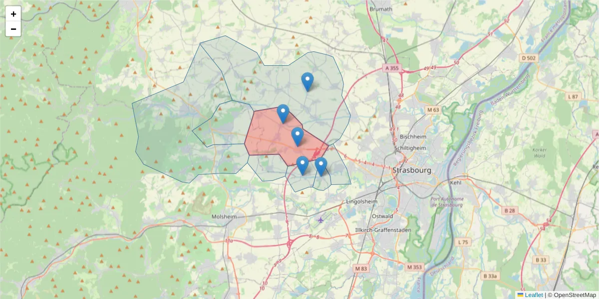 Carte de la zone du code postal  et des codes postaux voisins en France