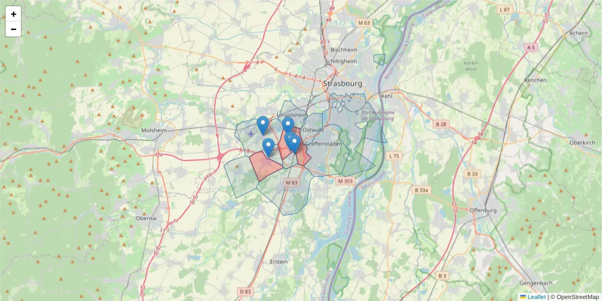 Carte de la zone du code postal  et des codes postaux voisins en France
