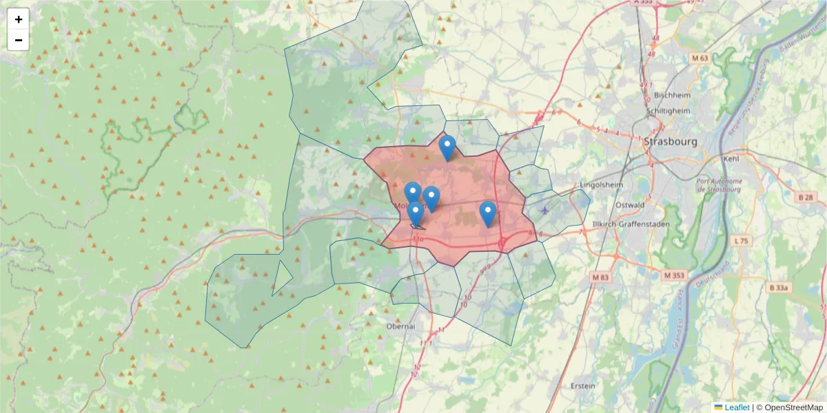 Carte de la zone du code postal  et des codes postaux voisins en France