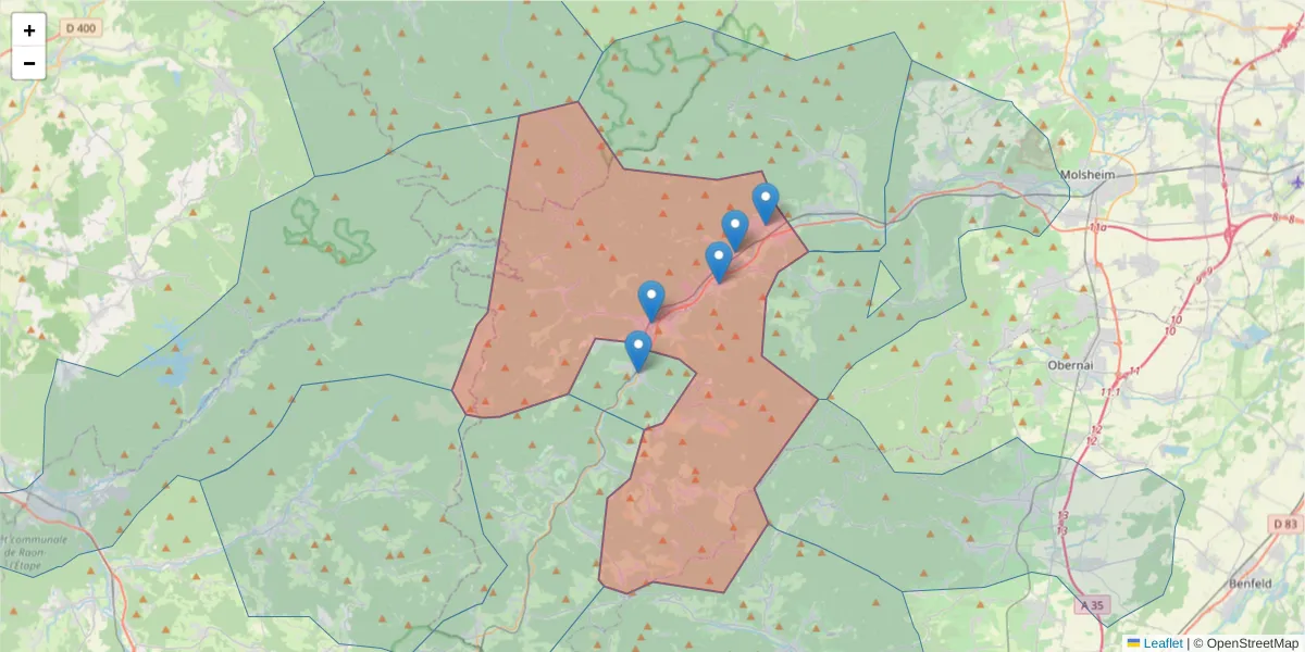 Carte de la zone du code postal  et des codes postaux voisins en France