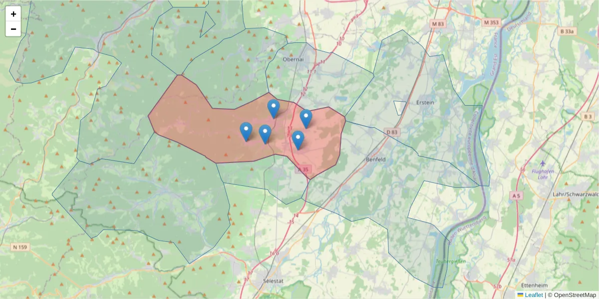 Carte de la zone du code postal  et des codes postaux voisins en France