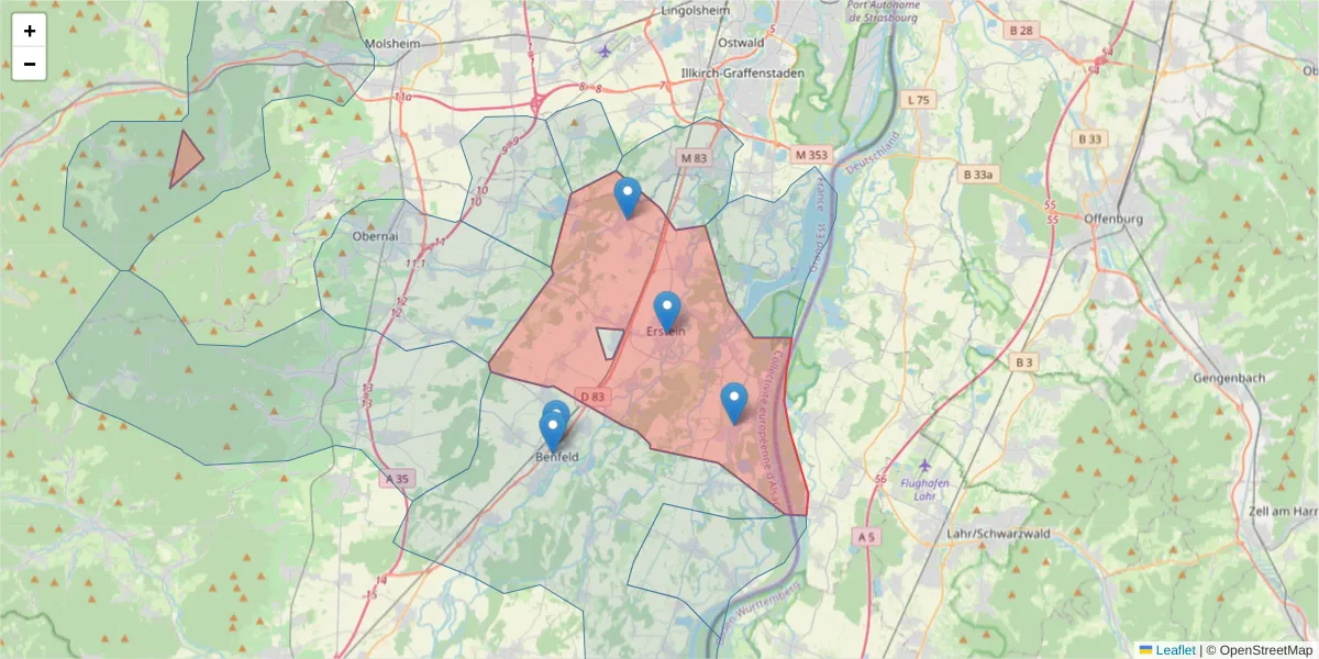 Carte de la zone du code postal  et des codes postaux voisins en France