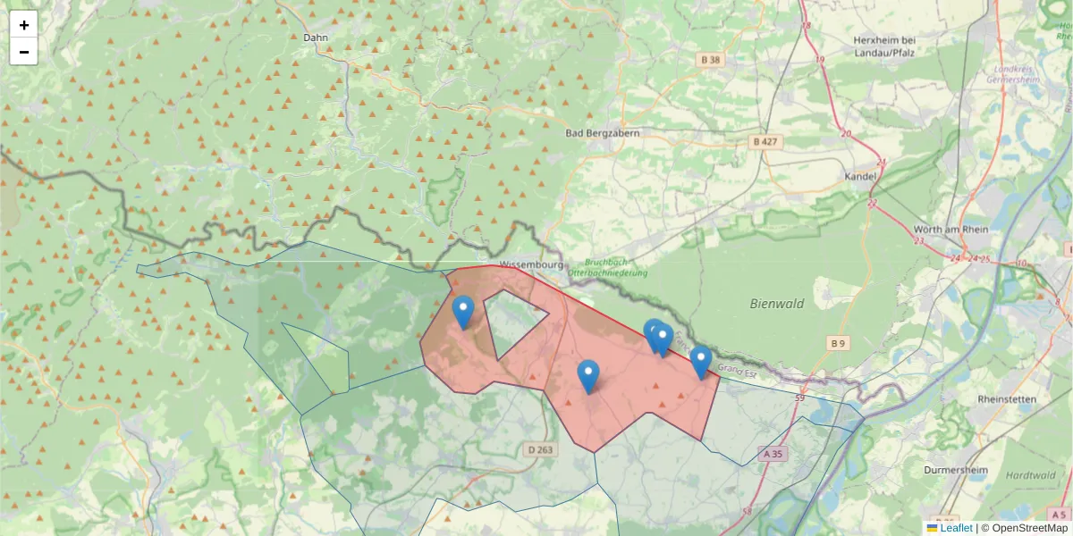 Carte de la zone du code postal  et des codes postaux voisins en France
