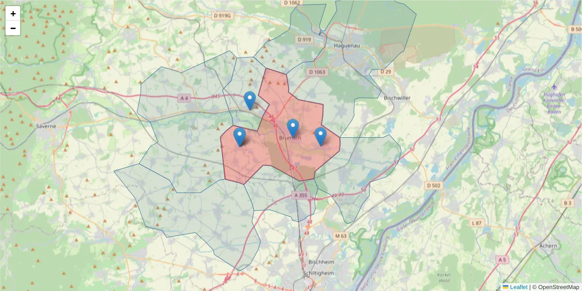 Carte de la zone du code postal  et des codes postaux voisins en France