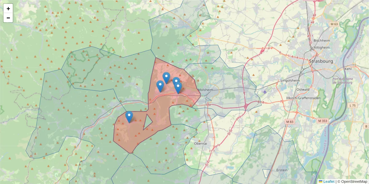 Carte de la zone du code postal  et des codes postaux voisins en France