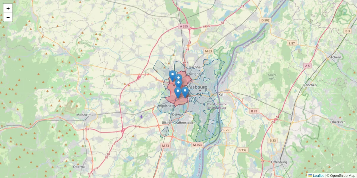 Carte de la zone du code postal  et des codes postaux voisins en France
