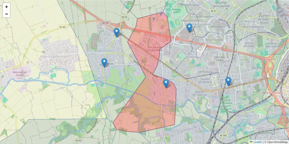 Carte de la zone du code postal  et des codes postaux voisins en France