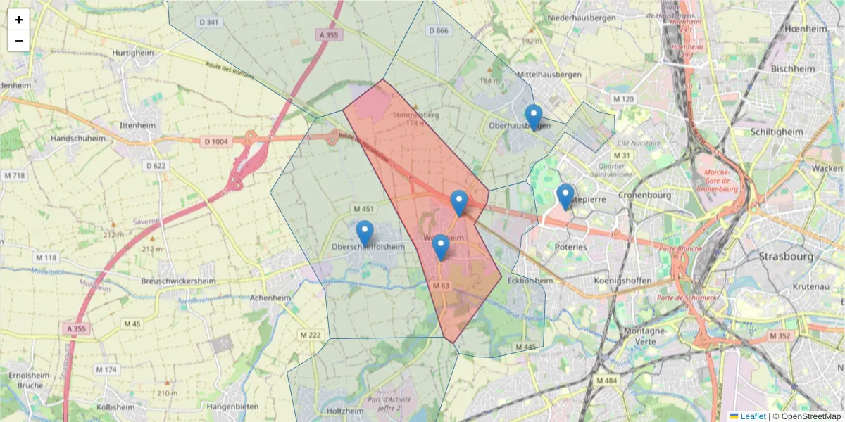 Carte de la zone du code postal  et des codes postaux voisins en France