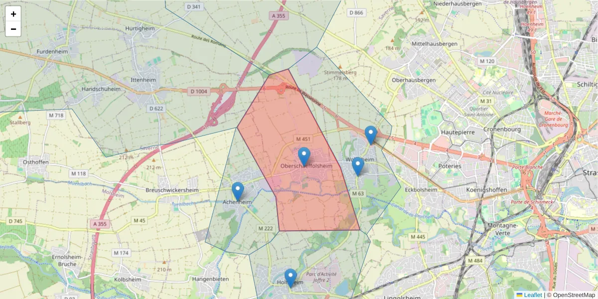 Carte de la zone du code postal  et des codes postaux voisins en France