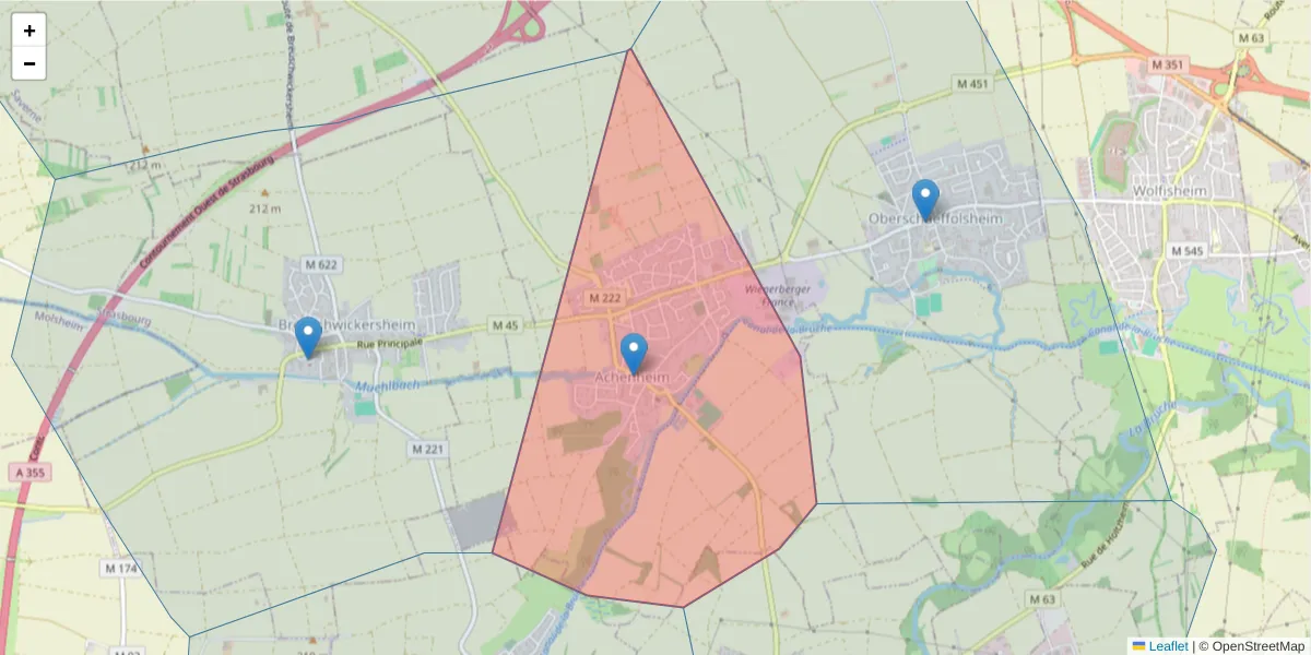 Carte de la zone du code postal  et des codes postaux voisins en France