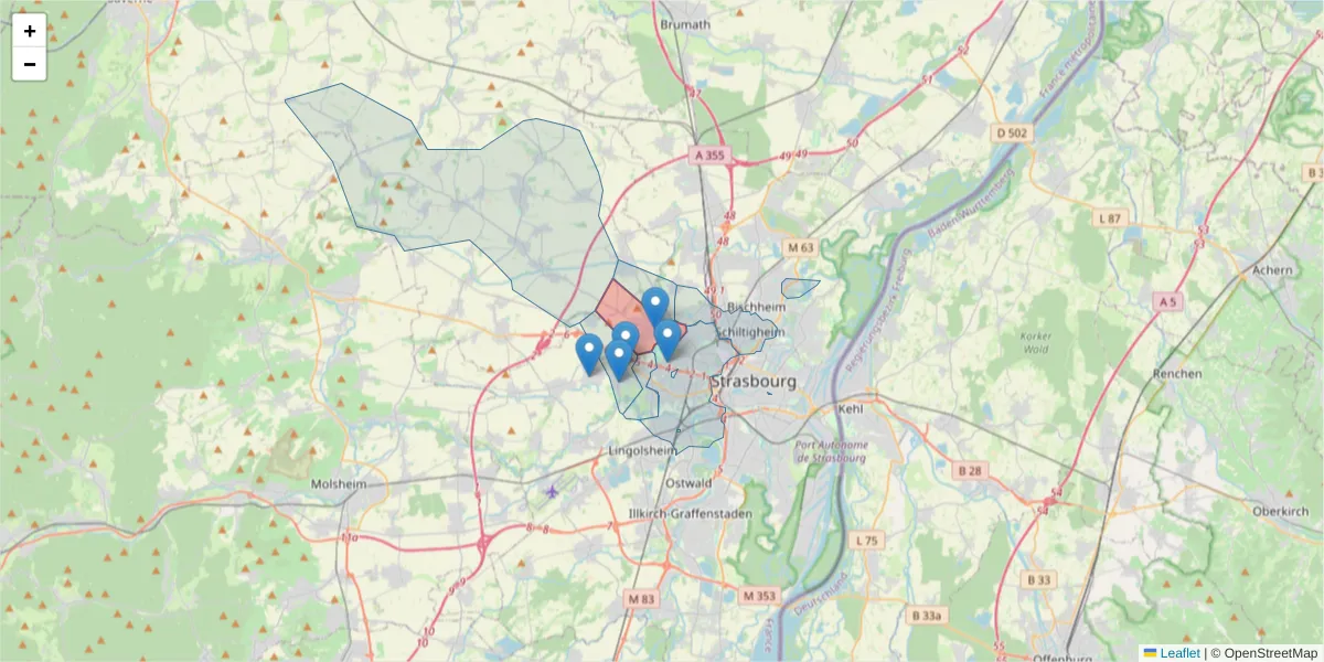 Carte de la zone du code postal  et des codes postaux voisins en France