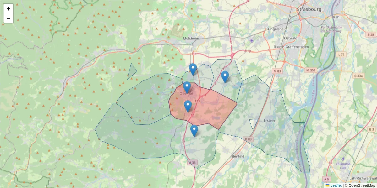 Carte de la zone du code postal  et des codes postaux voisins en France