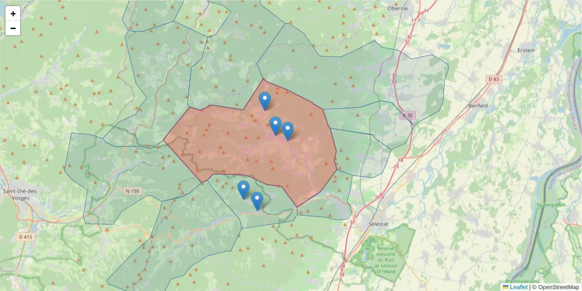 Carte de la zone du code postal  et des codes postaux voisins en France