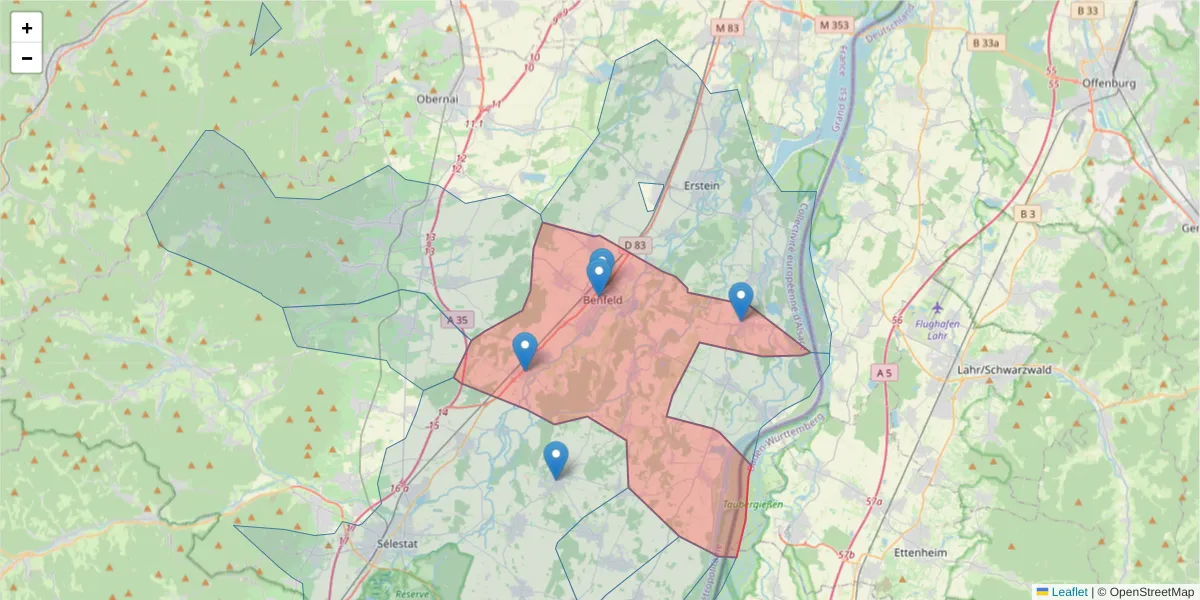 Carte de la zone du code postal  et des codes postaux voisins en France