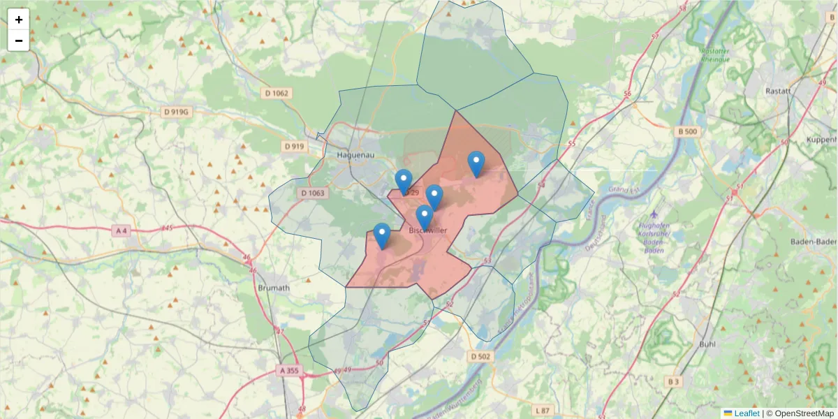 Carte de la zone du code postal  et des codes postaux voisins en France