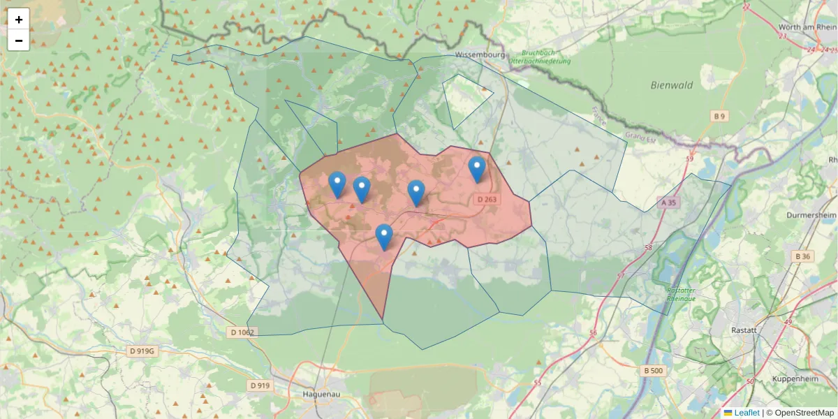 Carte de la zone du code postal  et des codes postaux voisins en France