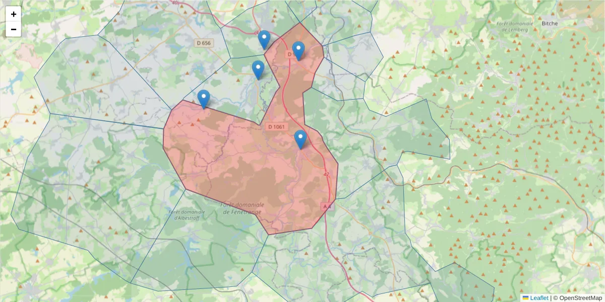 Carte de la zone du code postal  et des codes postaux voisins en France