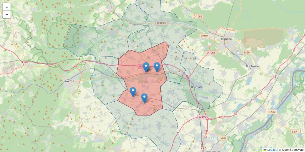 Carte de la zone du code postal  et des codes postaux voisins en France
