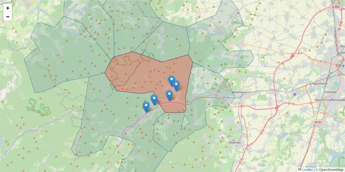 Carte de la zone du code postal  et des codes postaux voisins en France
