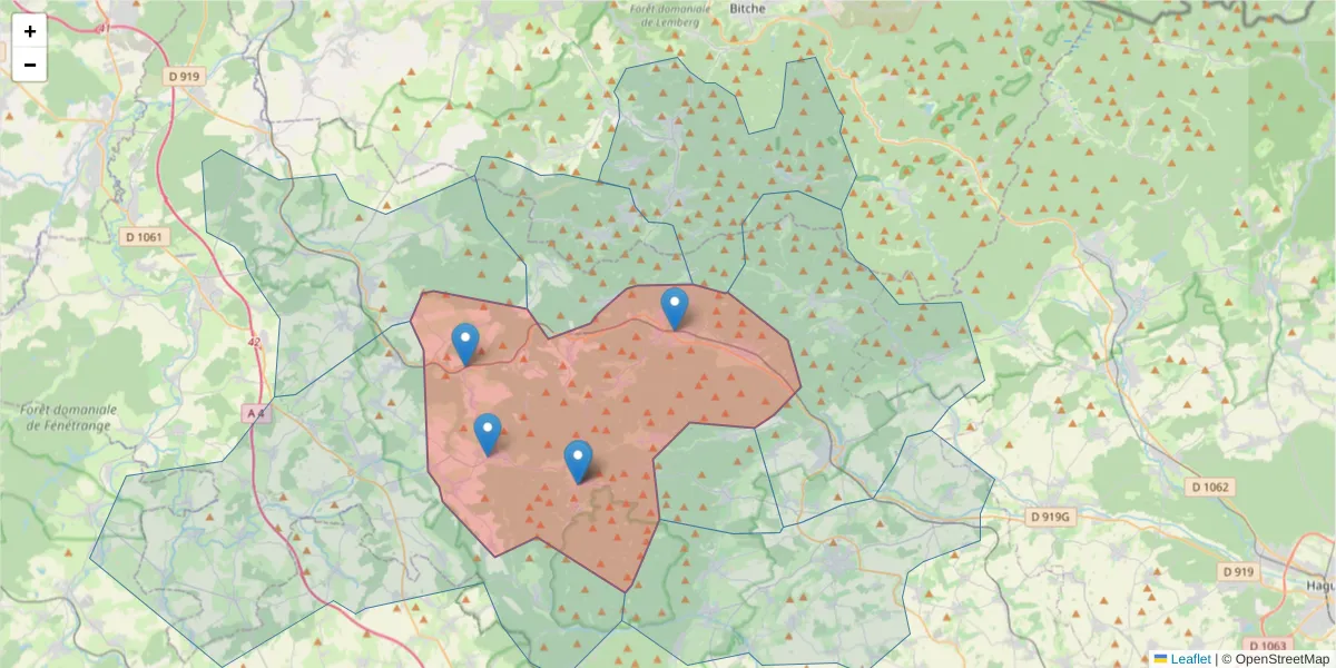 Carte de la zone du code postal  et des codes postaux voisins en France