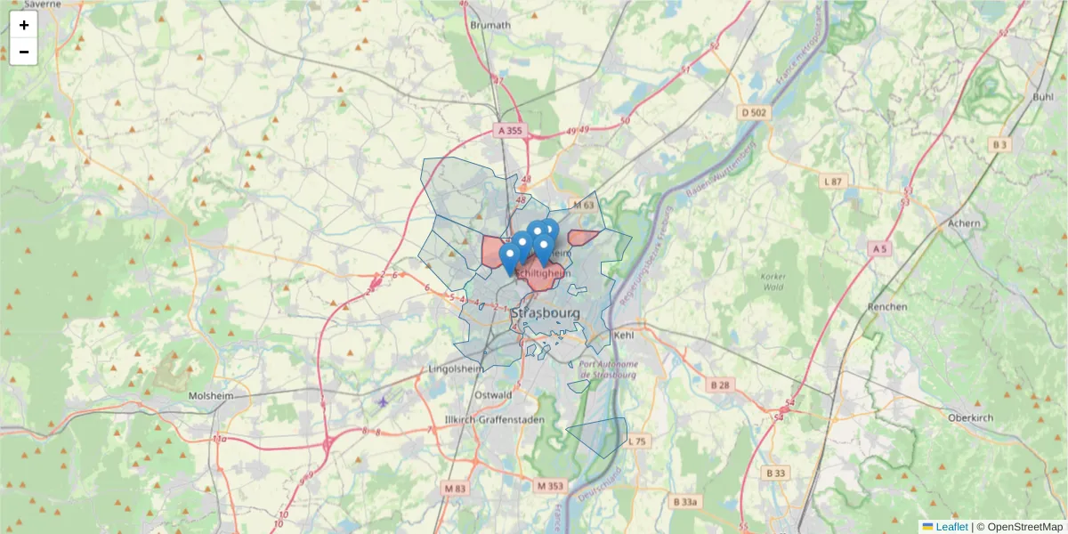 Carte de la zone du code postal  et des codes postaux voisins en France