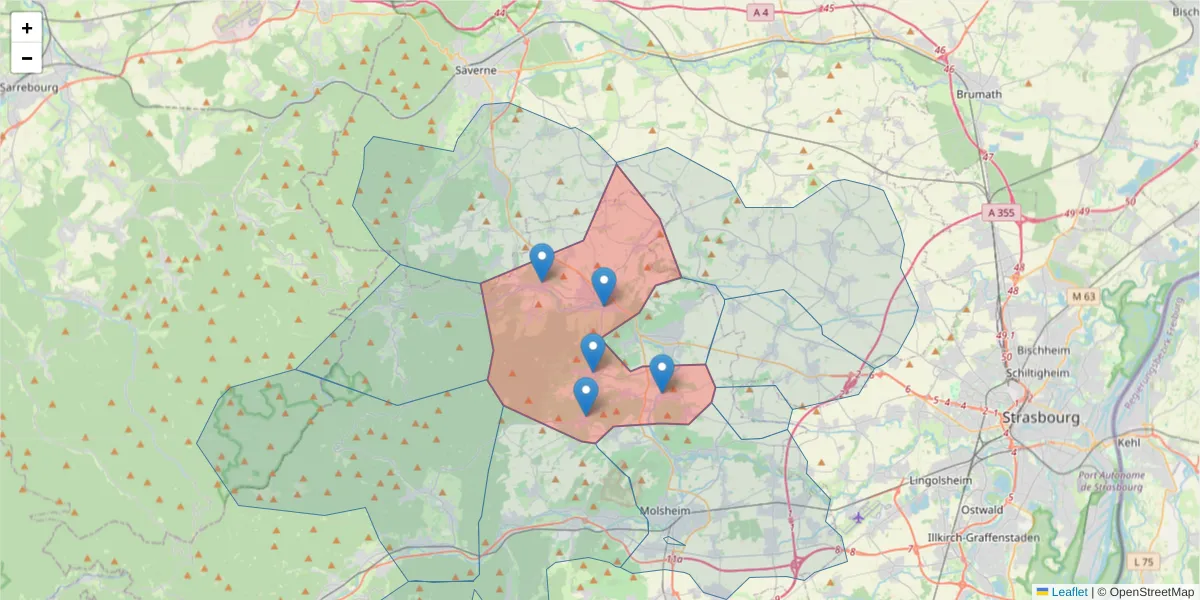 Carte de la zone du code postal  et des codes postaux voisins en France