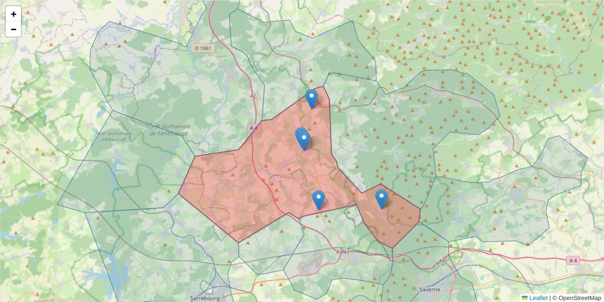 Carte de la zone du code postal  et des codes postaux voisins en France
