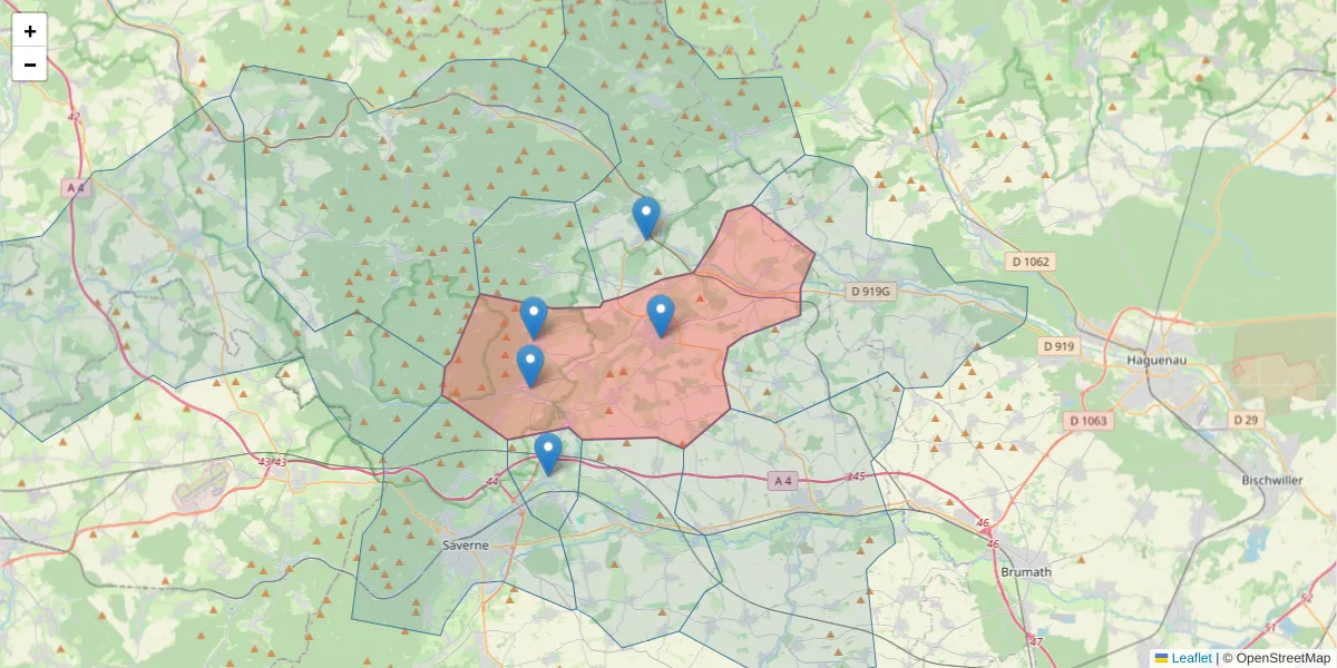 Carte de la zone du code postal  et des codes postaux voisins en France