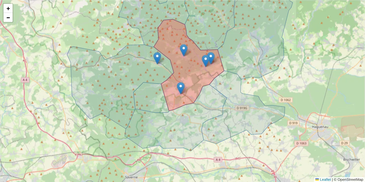 Carte de la zone du code postal  et des codes postaux voisins en France