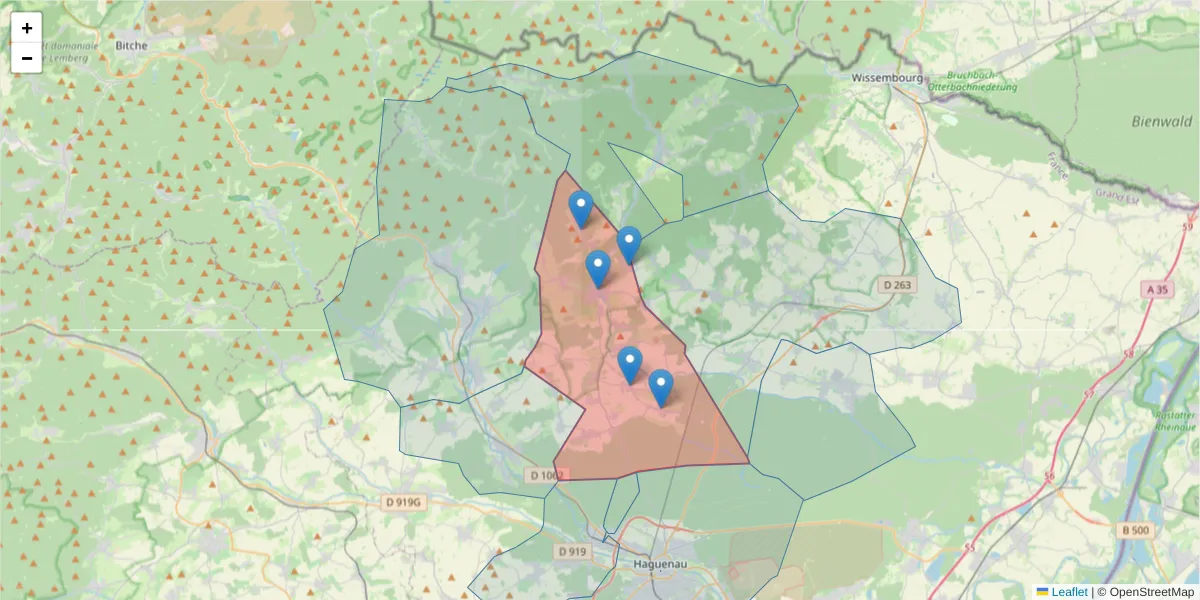 Carte de la zone du code postal  et des codes postaux voisins en France