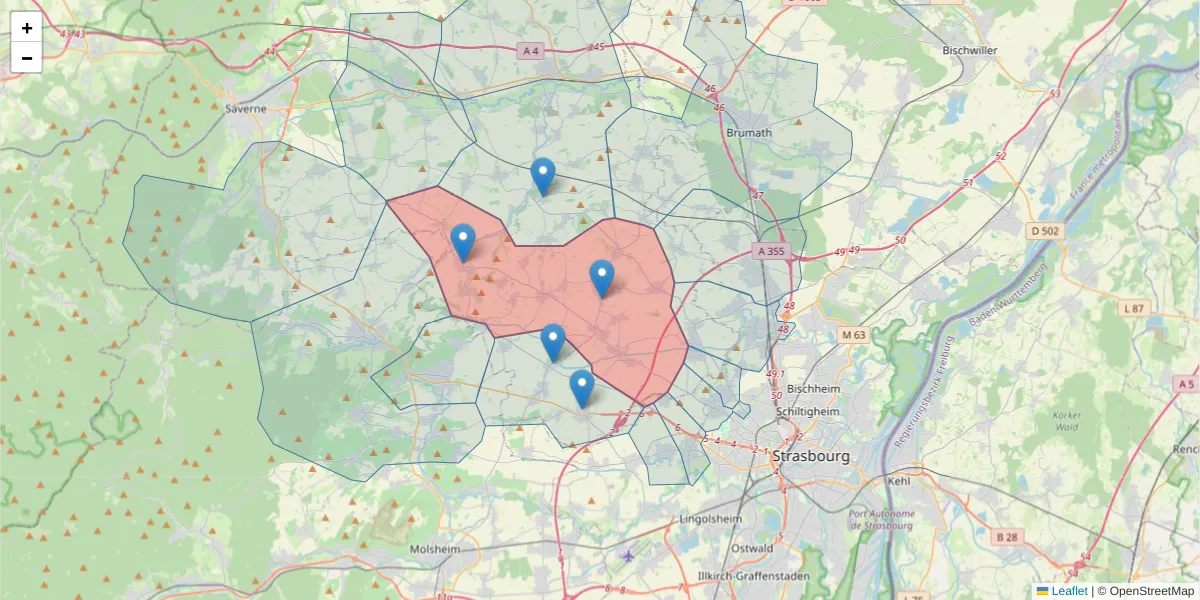 Carte de la zone du code postal  et des codes postaux voisins en France