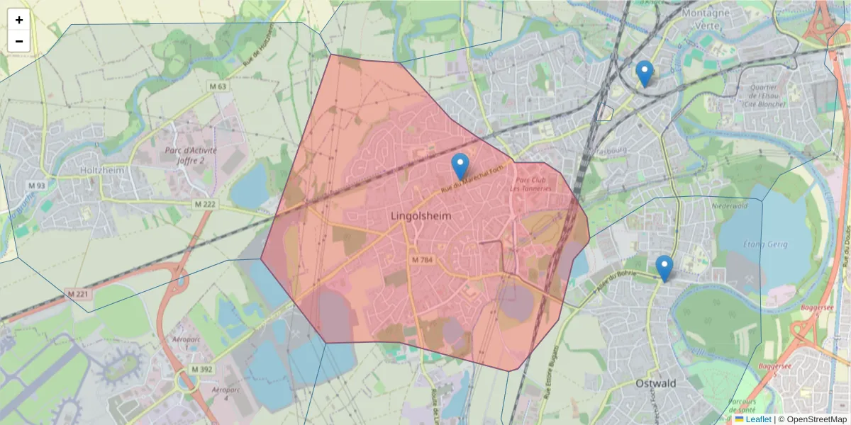 Carte de la zone du code postal  et des codes postaux voisins en France