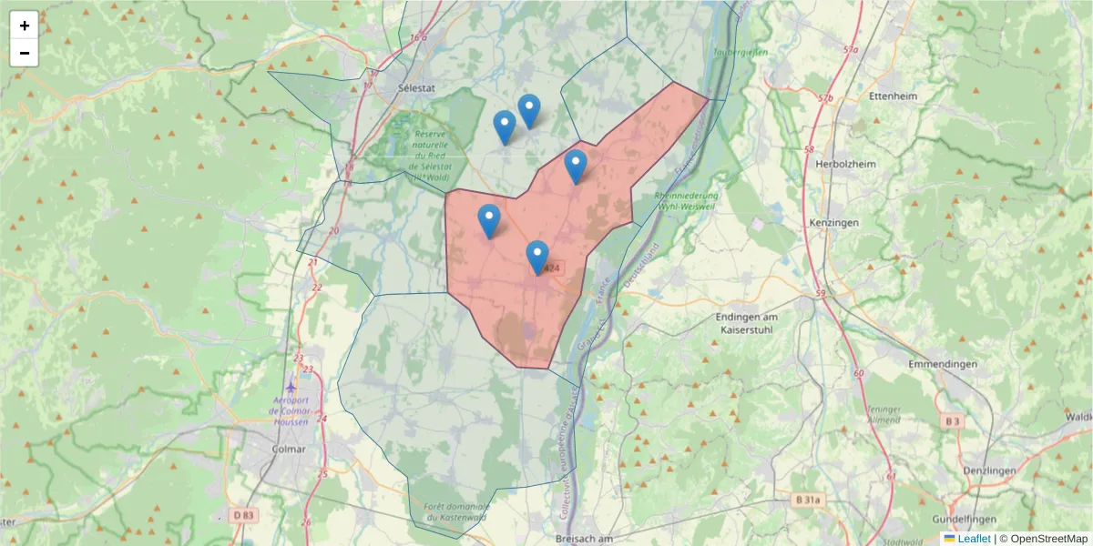 Carte de la zone du code postal  et des codes postaux voisins en France