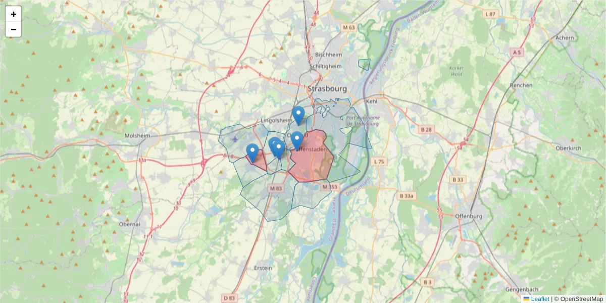 Carte de la zone du code postal  et des codes postaux voisins en France