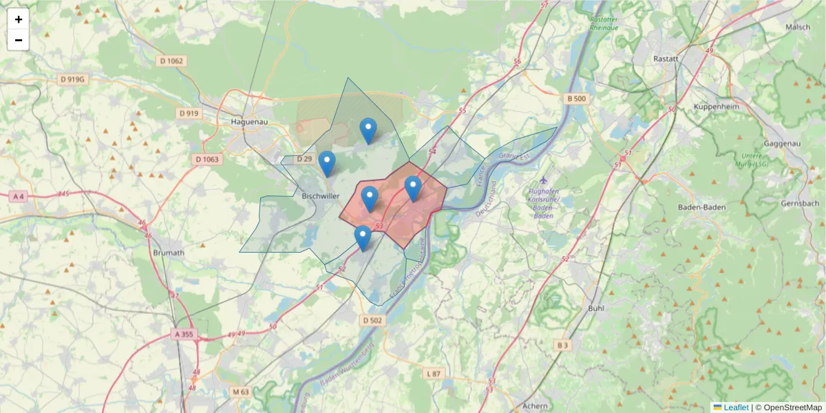Carte de la zone du code postal  et des codes postaux voisins en France