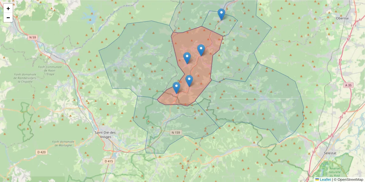 Carte de la zone du code postal  et des codes postaux voisins en France