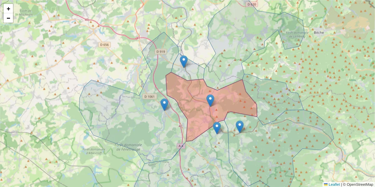 Carte de la zone du code postal  et des codes postaux voisins en France