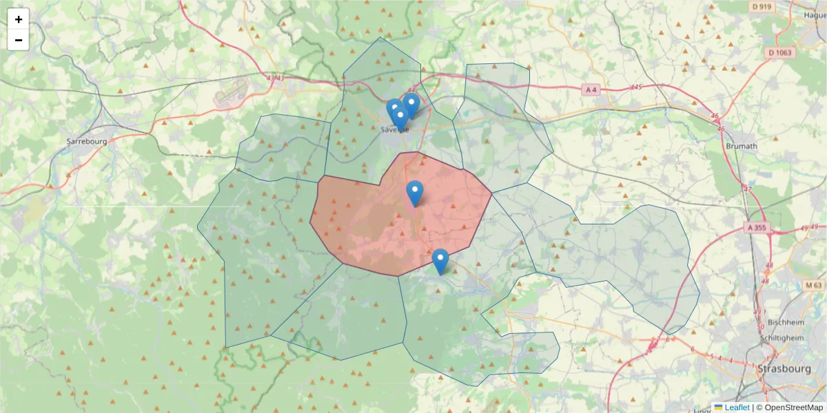 Carte de la zone du code postal  et des codes postaux voisins en France