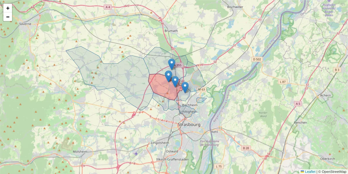 Carte de la zone du code postal  et des codes postaux voisins en France