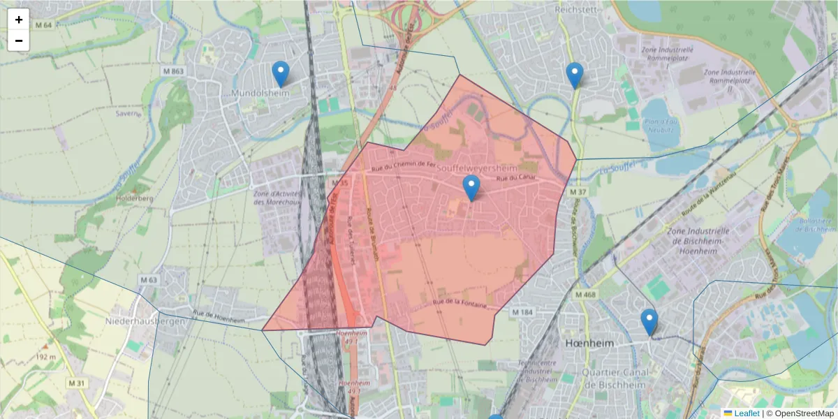 Carte de la zone du code postal  et des codes postaux voisins en France