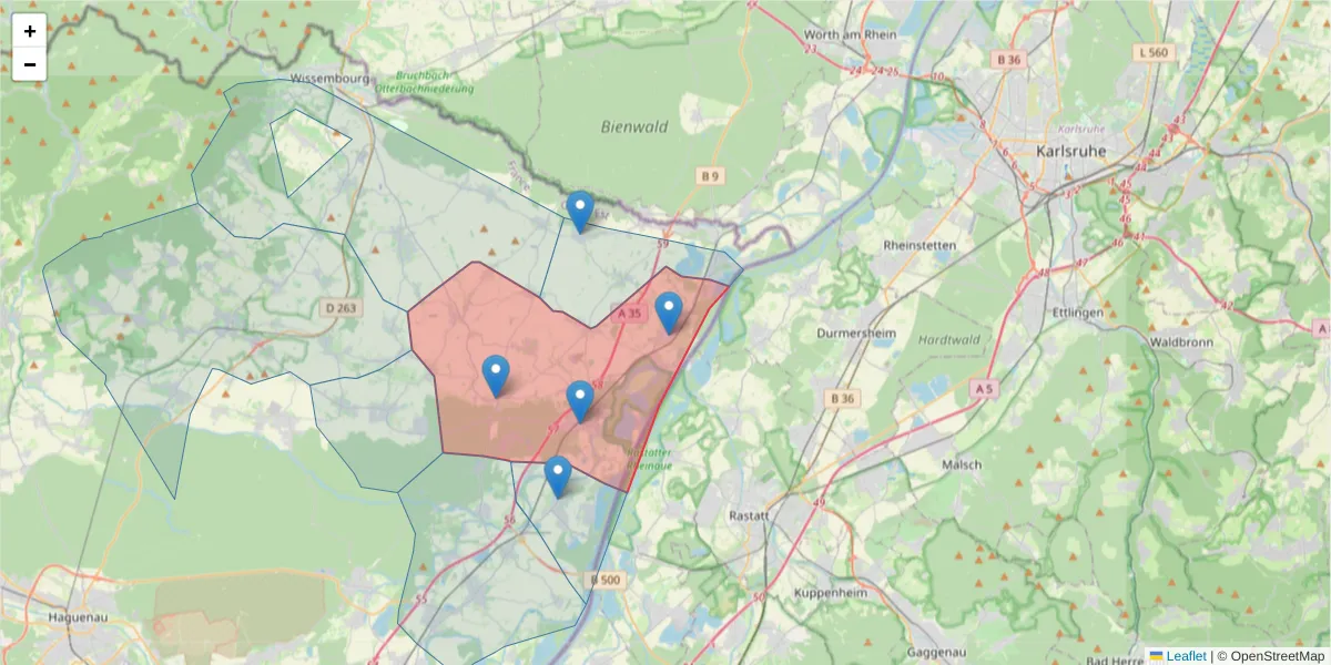 Carte de la zone du code postal  et des codes postaux voisins en France
