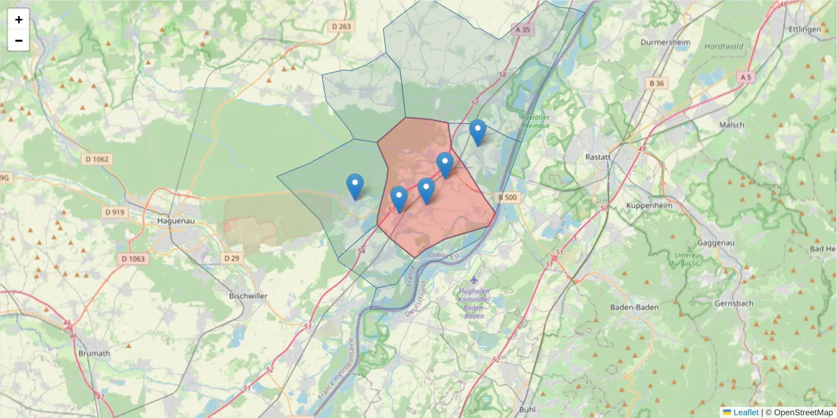 Carte de la zone du code postal  et des codes postaux voisins en France